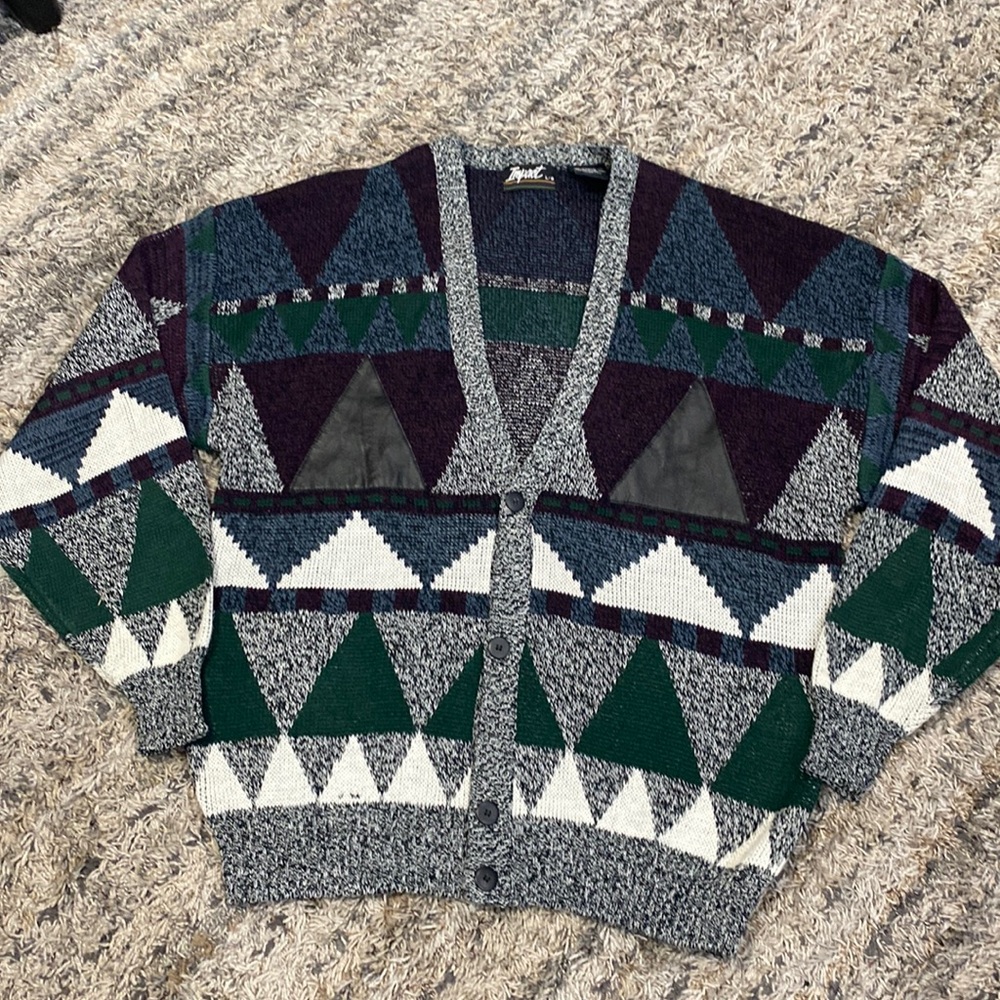 Vintage Impact men’s cardigan, printed sweater with leather detail, size large